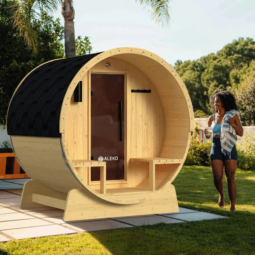 ALEKO Anémona White Finland Pine Barrel Sauna with Front Porch Canopy – 2–4 Person
