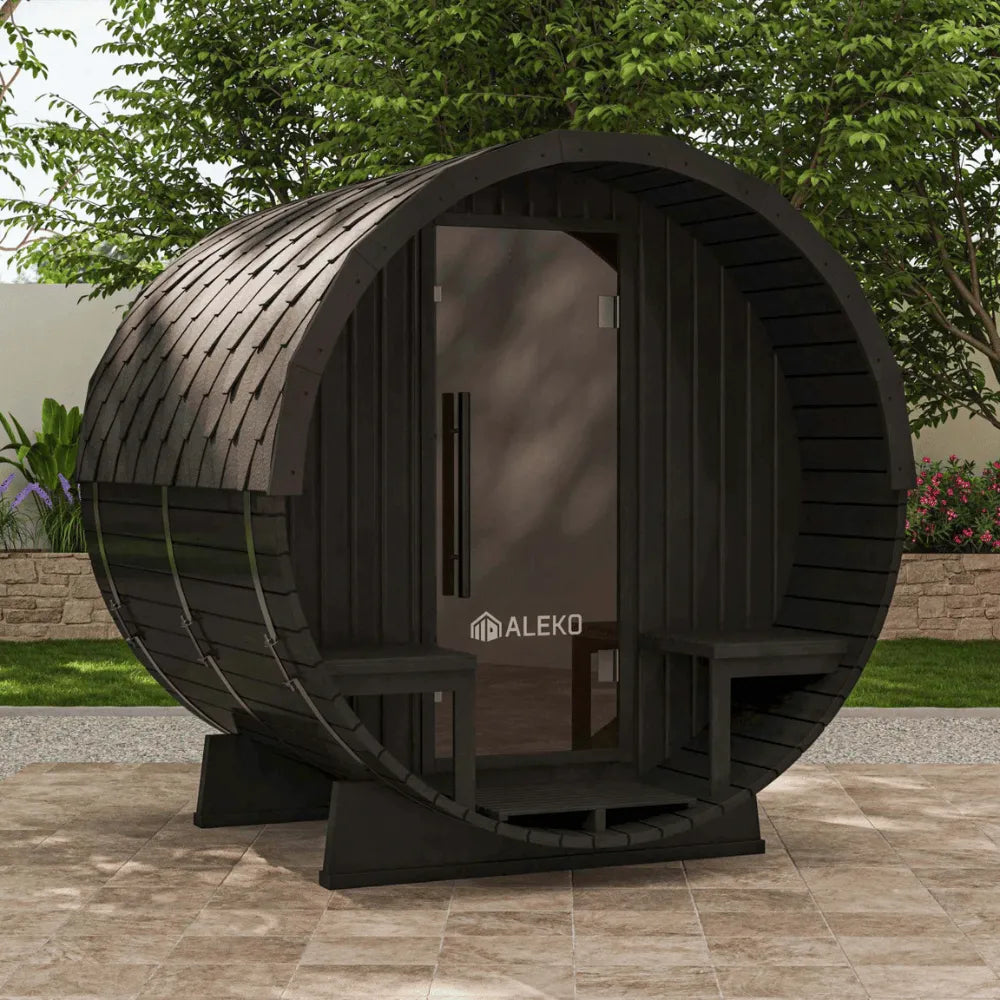 ALEKO Aster Barrel Outdoor Sauna with Porch – 3–5 Person