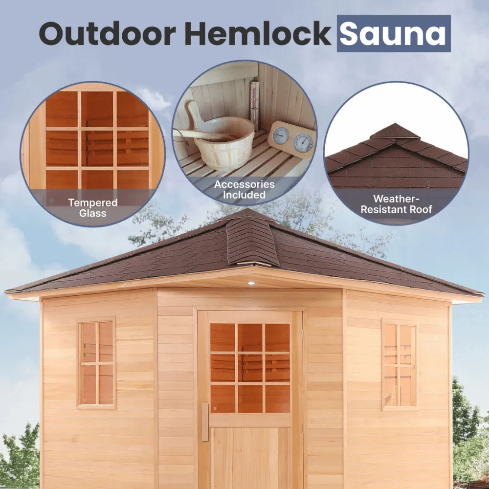 ALEKO Canadian Hemlock Outdoor Sauna with Asphalt Roof – 8 Person