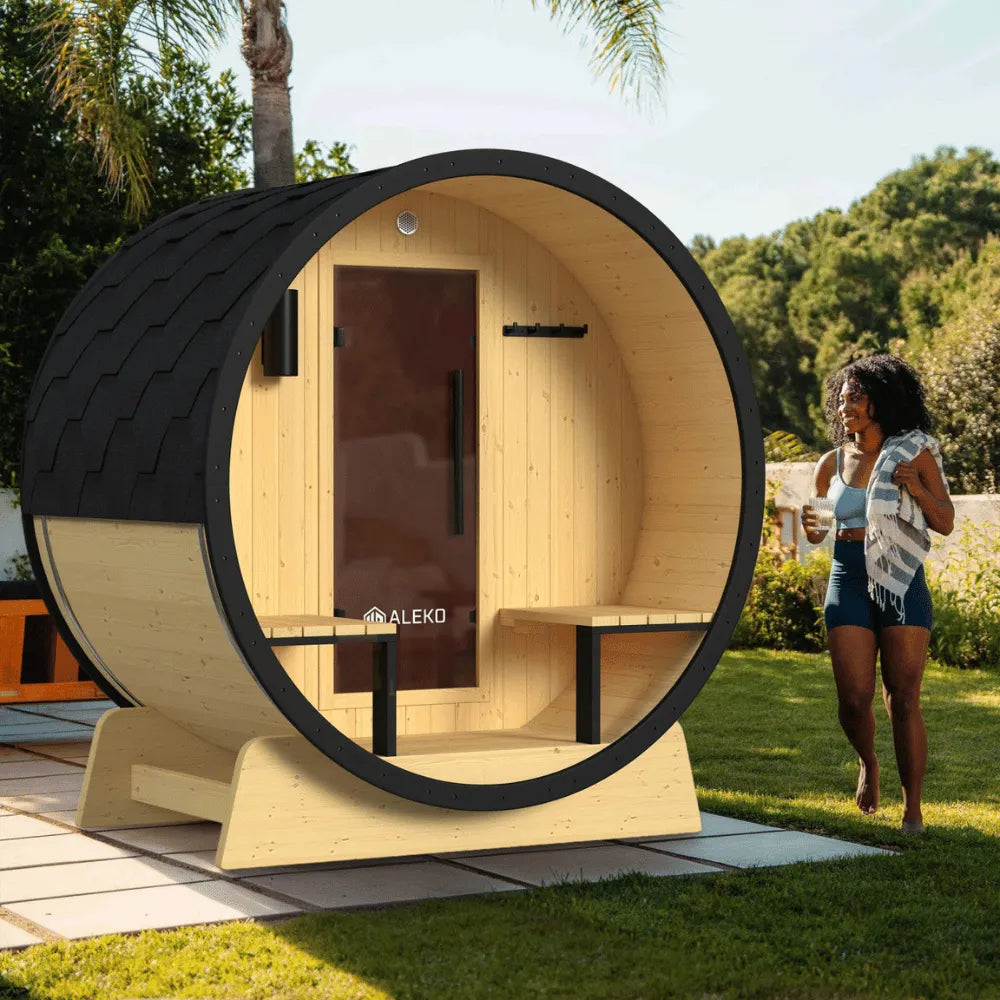 ALEKO Anémona White Finland Pine Barrel Sauna with Front Porch Canopy – 6–8 Person