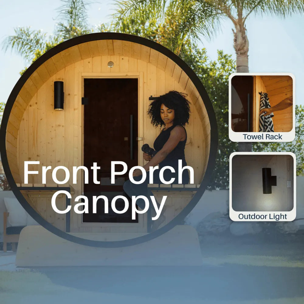 ALEKO Celasia White Finland Pine Barrel Sauna with Front Porch Canopy – 2–4 Person