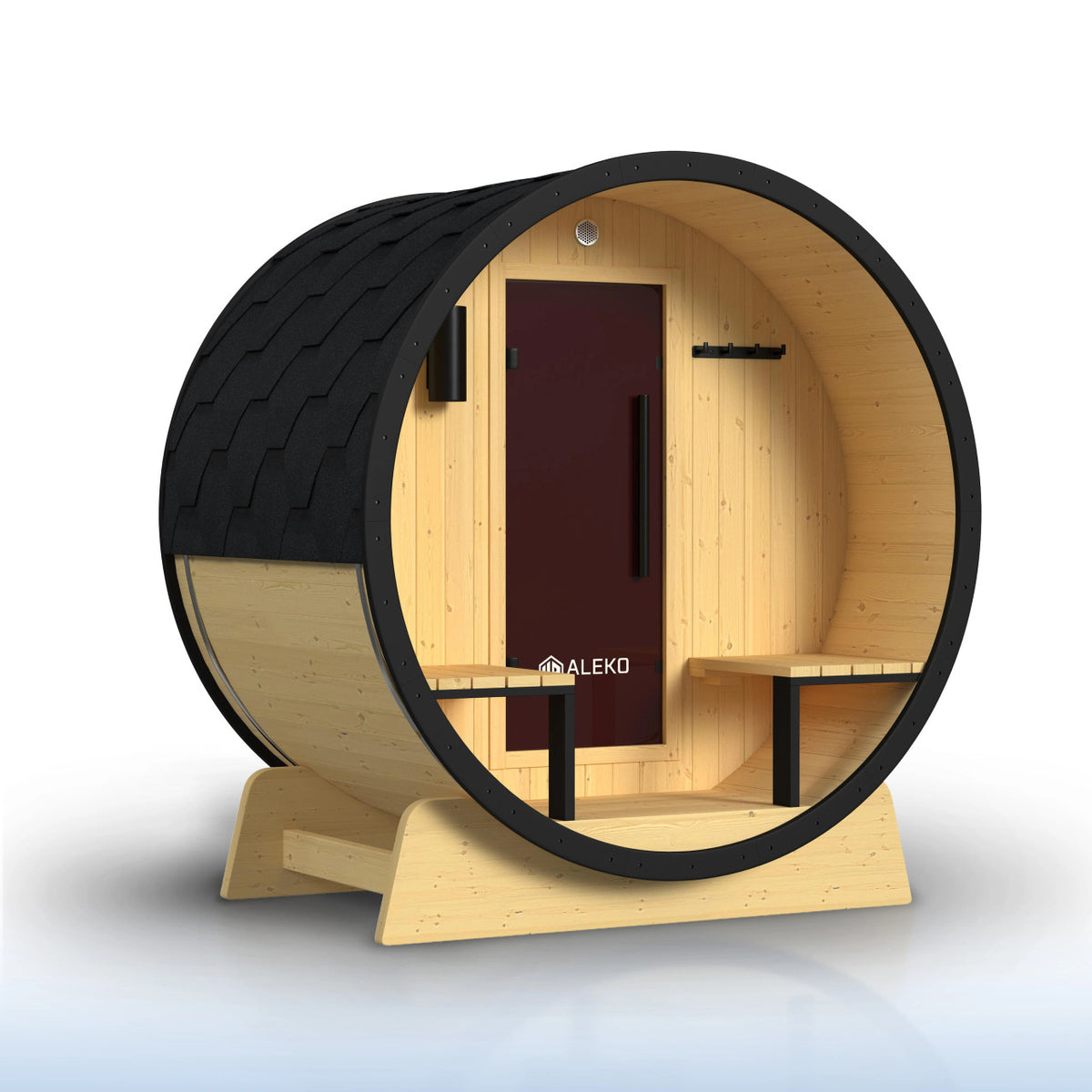 ALEKO Celasia White Finland Pine Barrel Sauna with Front Porch Canopy – 2–4 Person