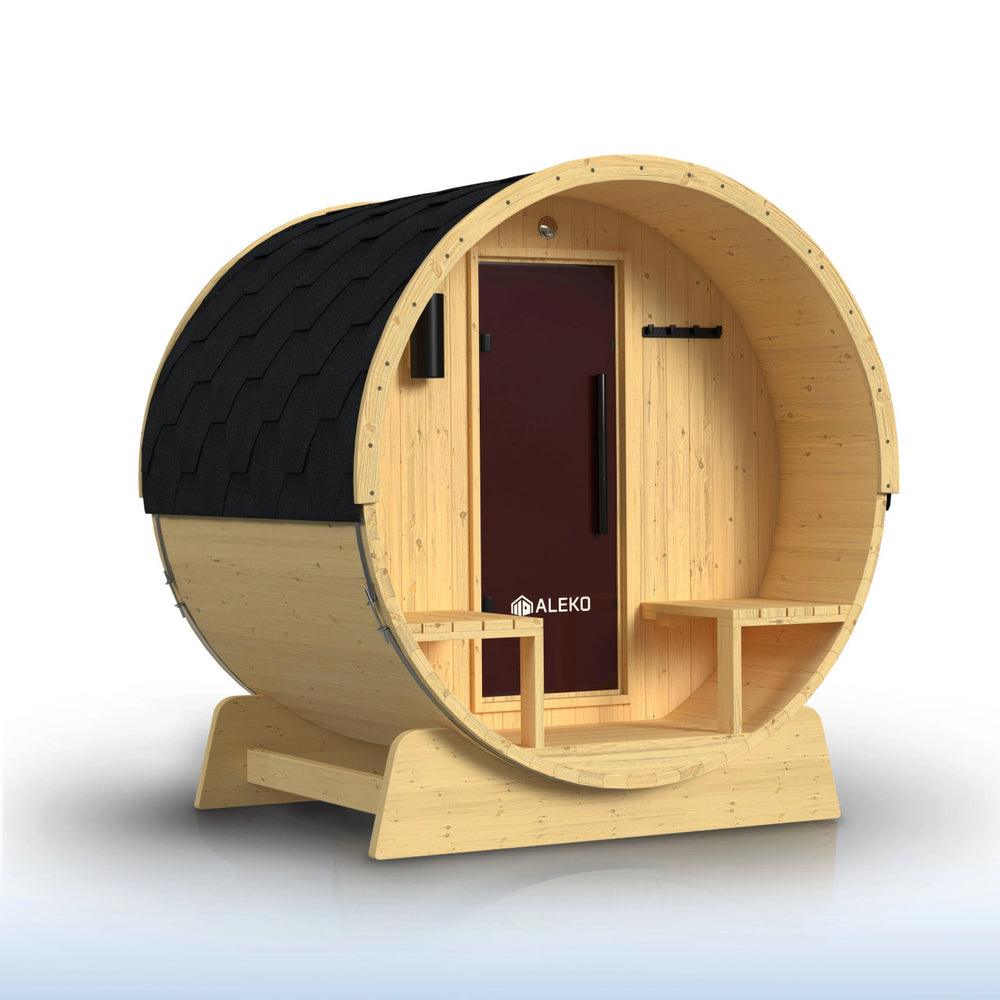 ALEKO Anémona White Finland Pine Barrel Sauna with Front Porch Canopy – 2–4 Person