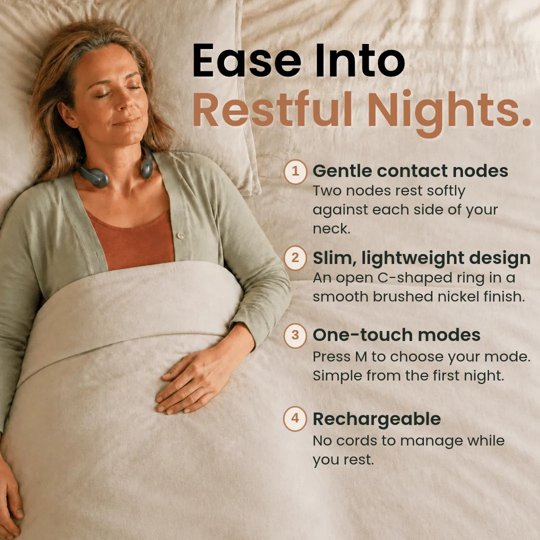 Woman resting in bed wearing the neck-worn device, with callouts for contact nodes, slim design, one-touch modes and rechargeable battery