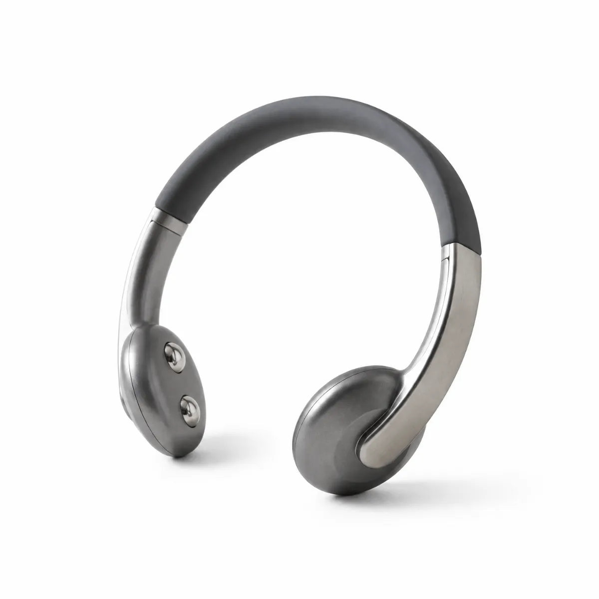 Calming vagus nerve stimulation device: open C-shaped neck-worn design with brushed nickel arms, a soft silicone band and stainless-steel contacts
