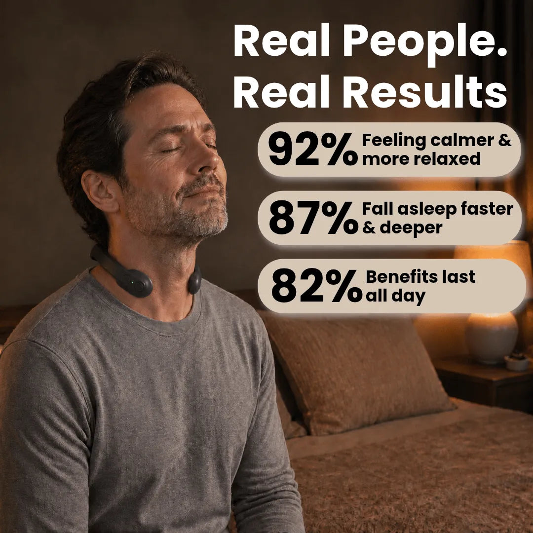 Man relaxing with eyes closed wearing the neck-worn device, with customer result statistics
