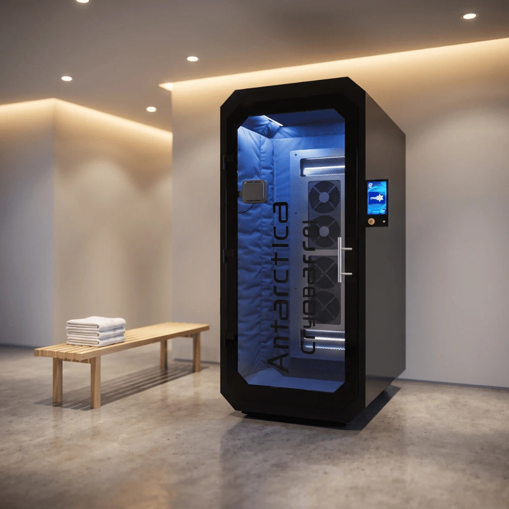 Antarctica Barrel cryotherapy chamber in a recovery studio with a bench and towels