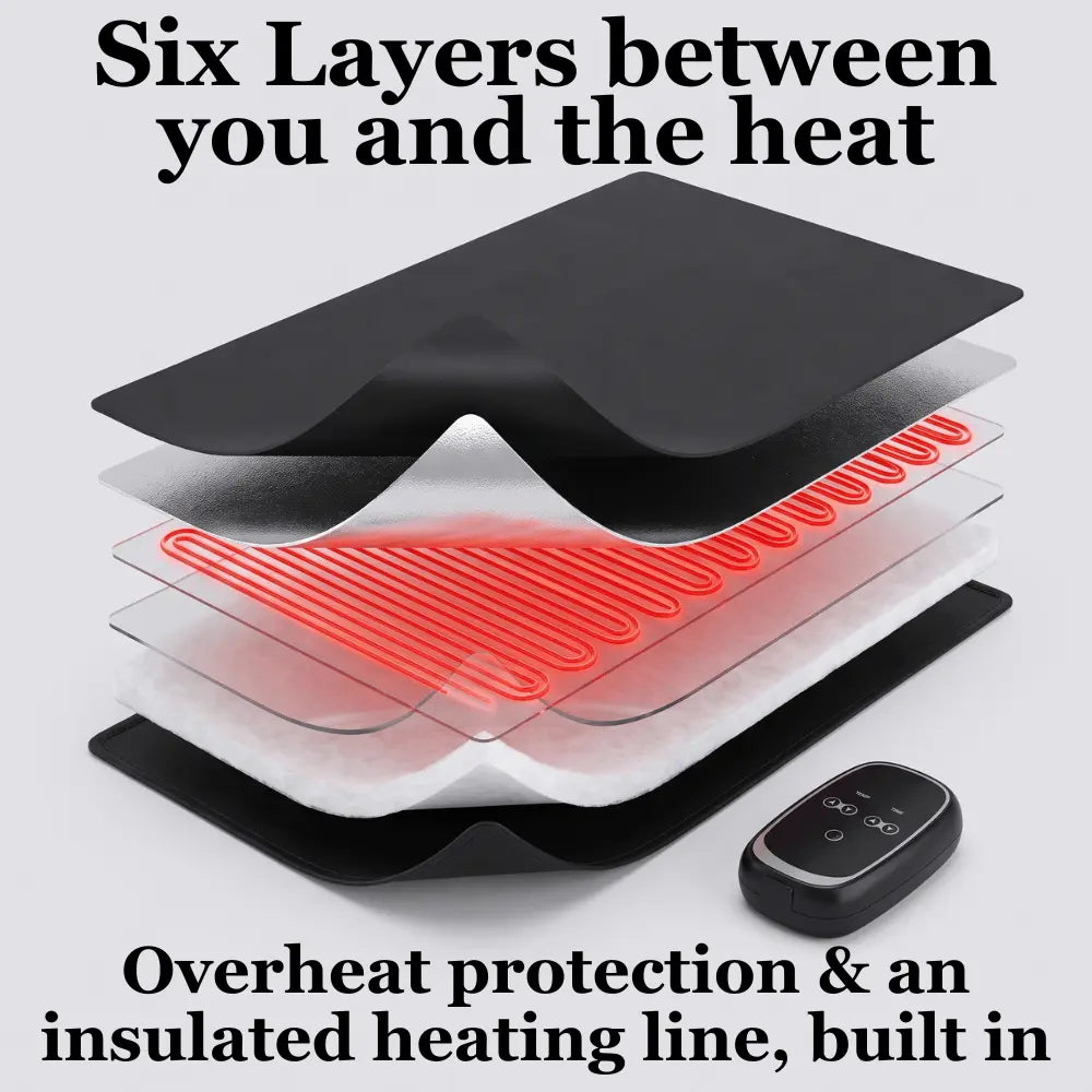 Cutaway of the six-layer infrared sauna blanket showing the heating line and heat-reflective layer