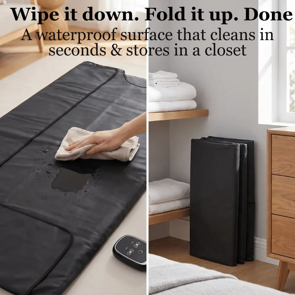 Wiping the waterproof sauna blanket clean and the blanket folded for storage