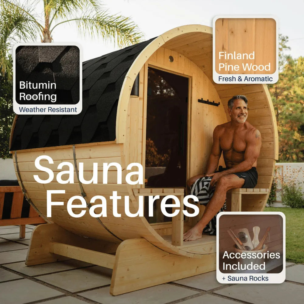 ALEKO Anémona White Finland Pine Barrel Sauna with Front Porch Canopy – 2–4 Person