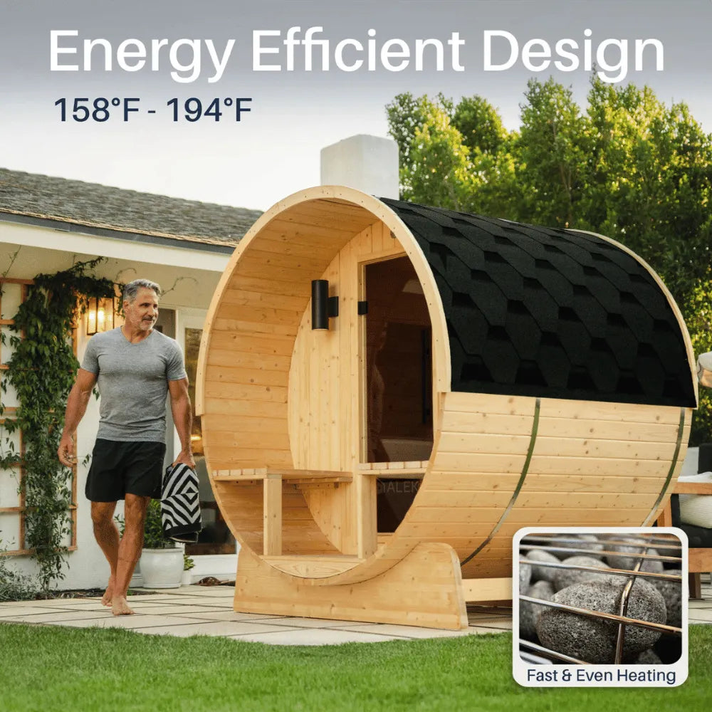 ALEKO Anémona White Finland Pine Barrel Sauna with Front Porch Canopy – 2–4 Person