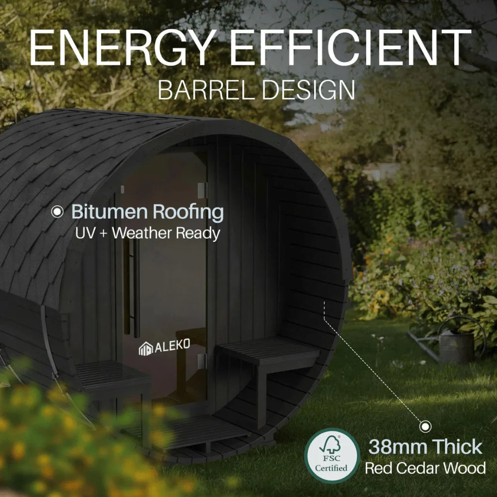ALEKO Aster Barrel Outdoor Sauna with Porch – 3–5 Person