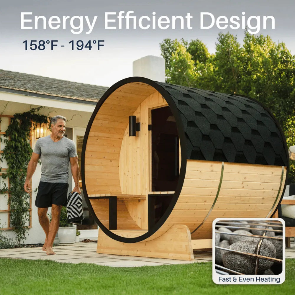 ALEKO Anémona White Finland Pine Barrel Sauna with Front Porch Canopy – 6–8 Person