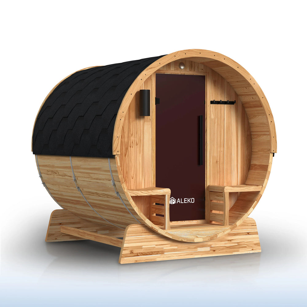 ALEKO Liatris Rustic Cedar Barrel Sauna with Front Porch Canopy – 2–4 Person