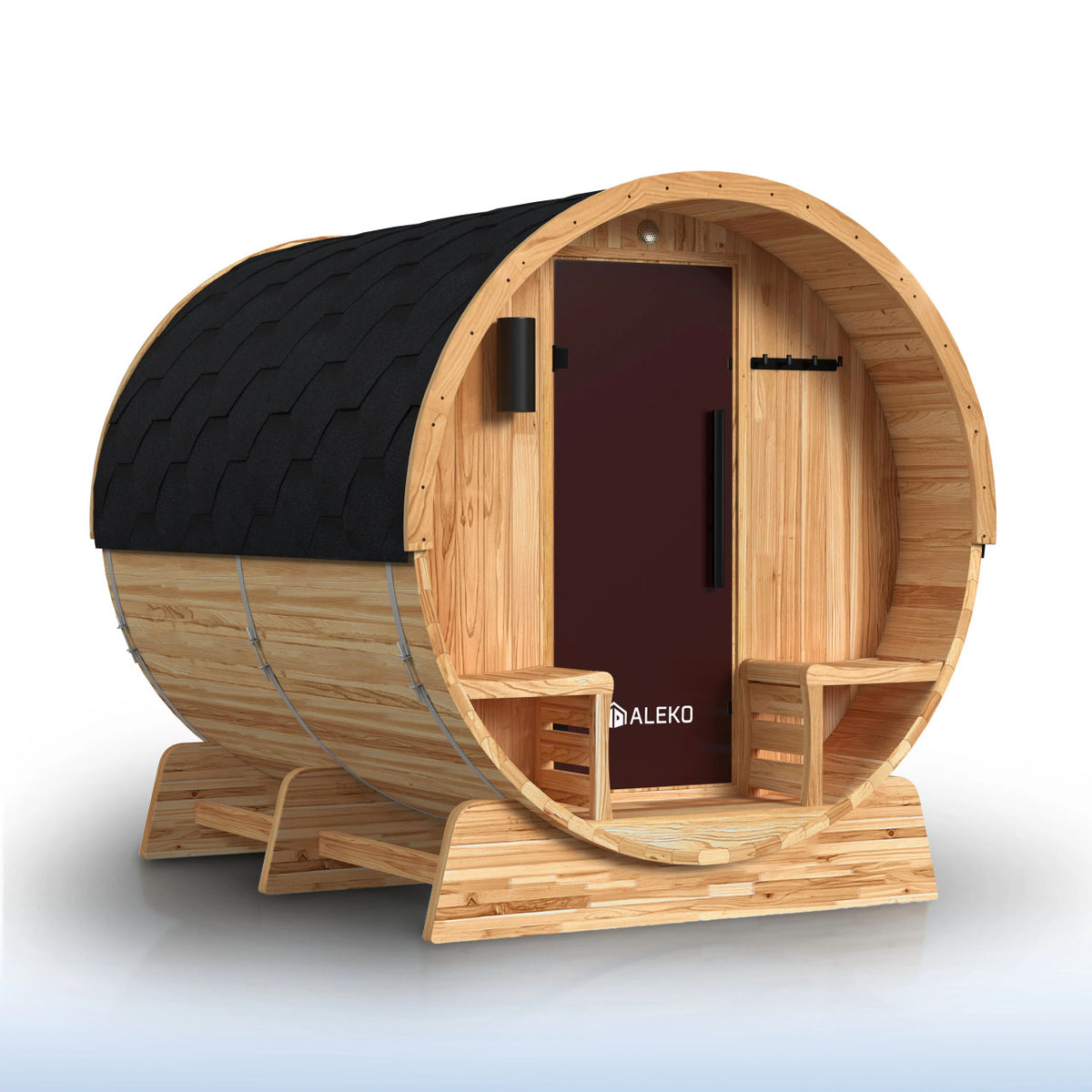 ALEKO Liatris Rustic Cedar Barrel Sauna with Front Porch Canopy – 5–6 Person