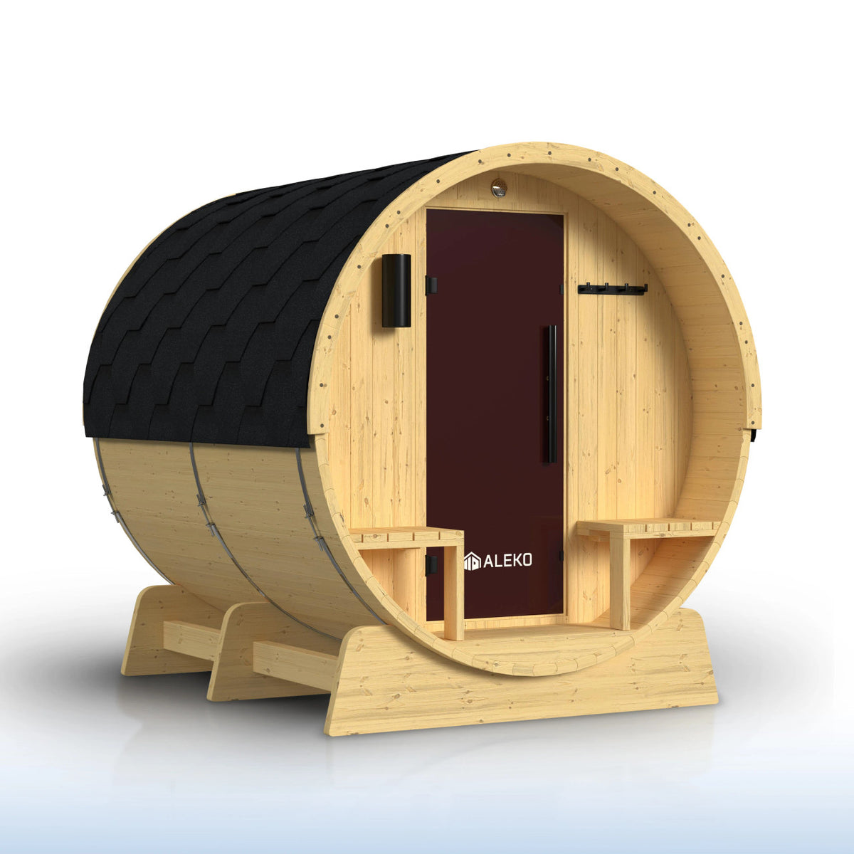 ALEKO Anémona White Finland Pine Barrel Sauna with Front Porch Canopy – 6–8 Person