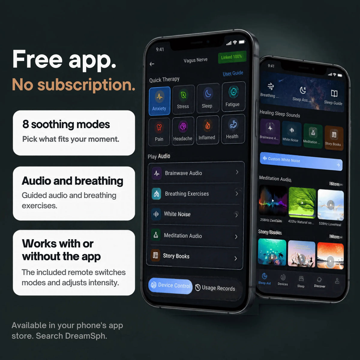 Free companion app screens showing Quick Therapy modes and guided audio, no subscription