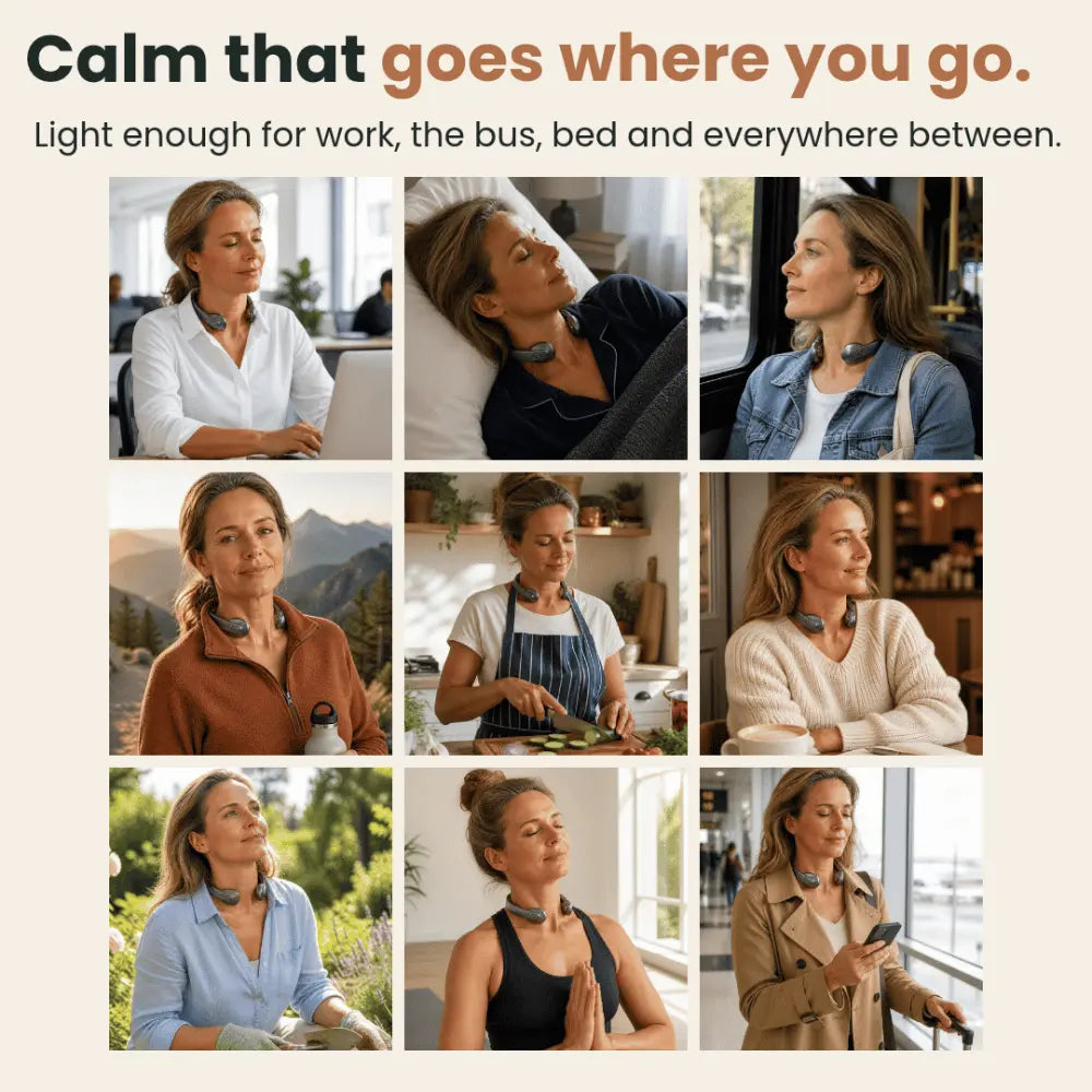 People using the neck-worn device at work, at home and on the go