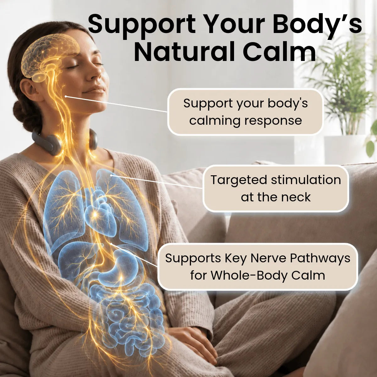 Woman relaxing on a sofa wearing the neck-worn device, with an illustration of the vagus nerve pathway