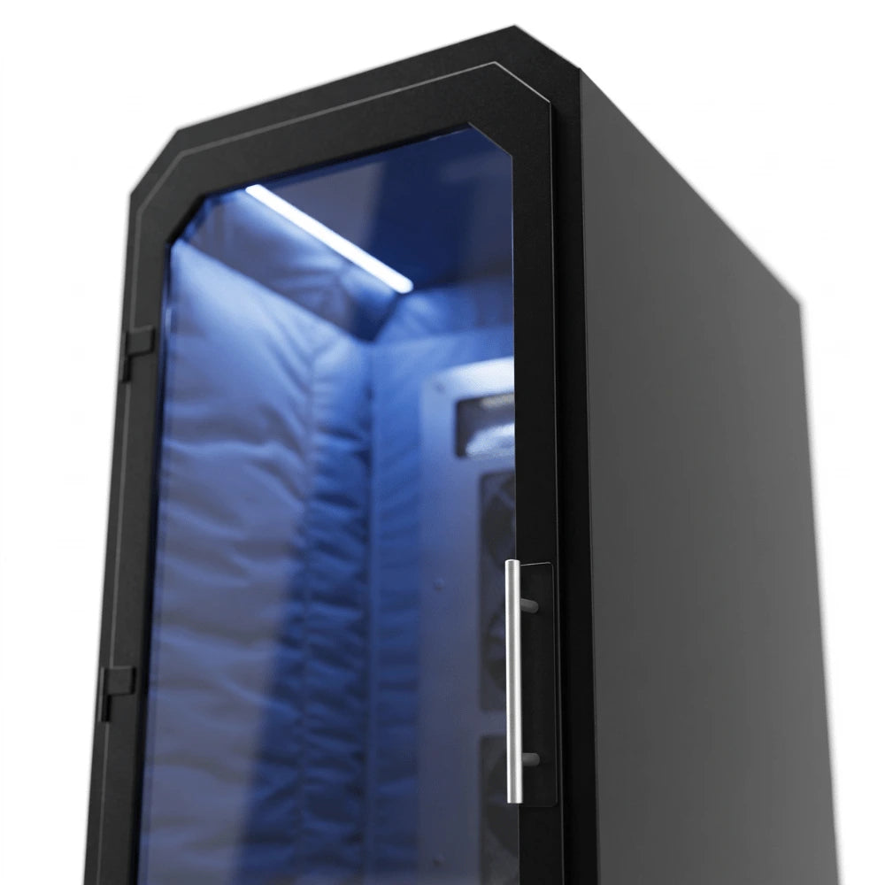 Close-up of the glass door, handle and frame of the Antarctica Barrel cryotherapy chamber