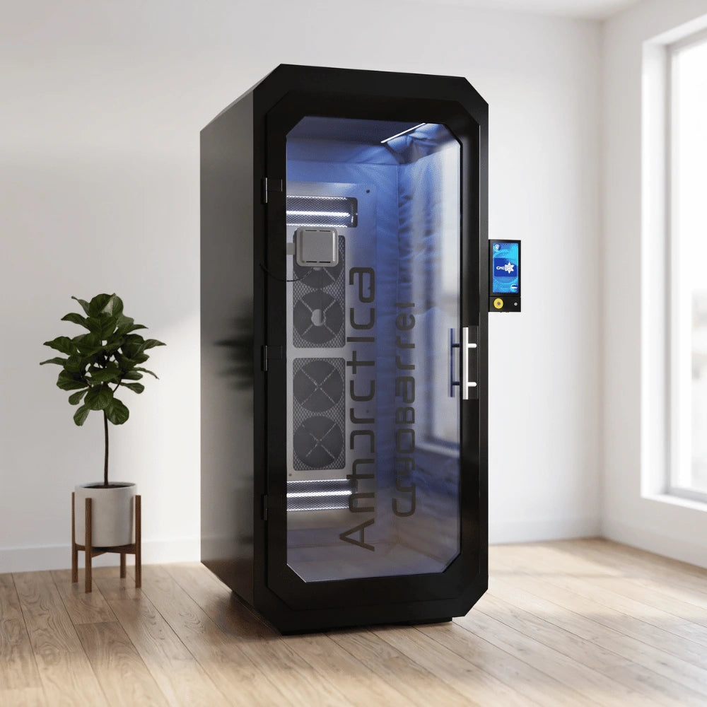 Antarctica Barrel cryotherapy chamber in a bright home wellness room