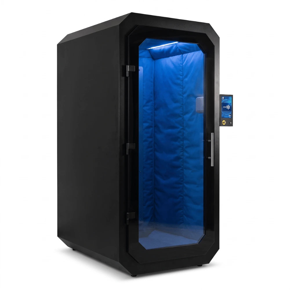 Black Antarctica Barrel electric cryotherapy chamber, three-quarter view on a white background