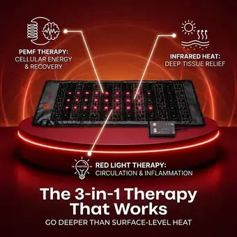 The 3-in-1 Therapy That Works: PEMF, infrared heat and red light layered over a gemstone surface